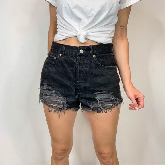 ASOS distressed denim shorts high rise black 100% cotton grunge biker 2981 - Picture 6 of 12